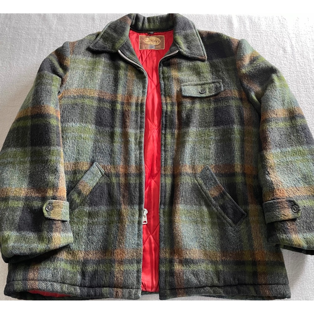 VTG HW Carter & Sons Wool Plaid Work Jacket Grn Brwn Quilted Red Lining 1950-60